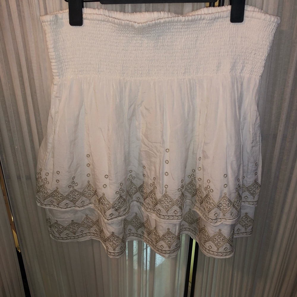 White House Black Market smocked waist skirt sz XL Gold Embroidered CLK15